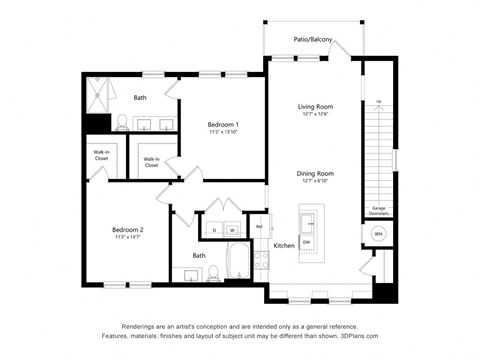 Floor plan for 2 beds, 2 baths, 1234 sqft